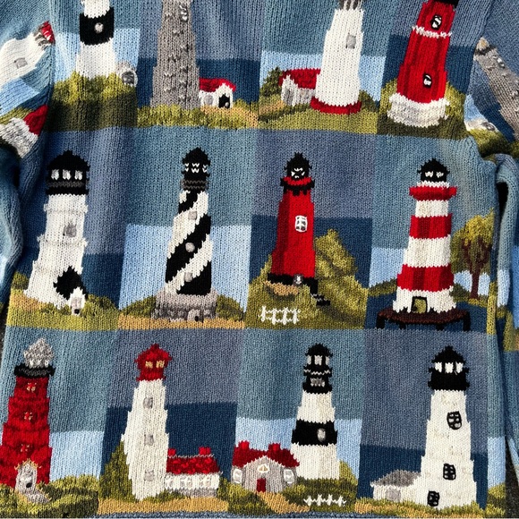 Rare Vintage Lighthouse Storybook Cardigan Blue Art Knit Wood Buttons M - Picture 3 of 9